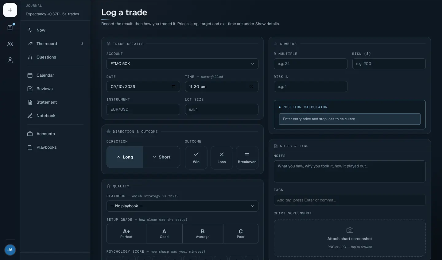 Log a trade: account, date and time, direction and outcome