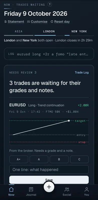 Now on a phone, by night: three trades waiting for their grades and notes